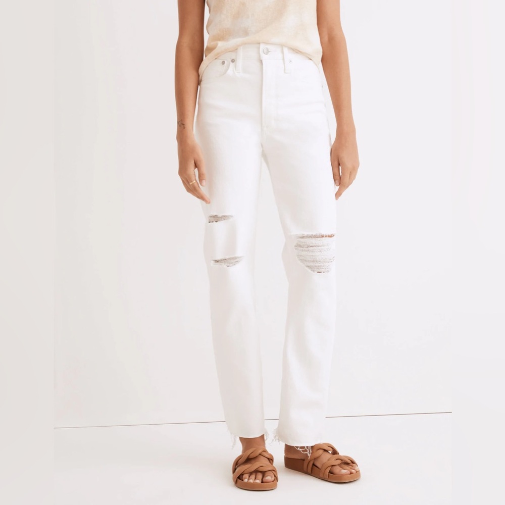 Madewell The Perfect Vintage Straight Jean in Tile White: Ripped-Knee Edition